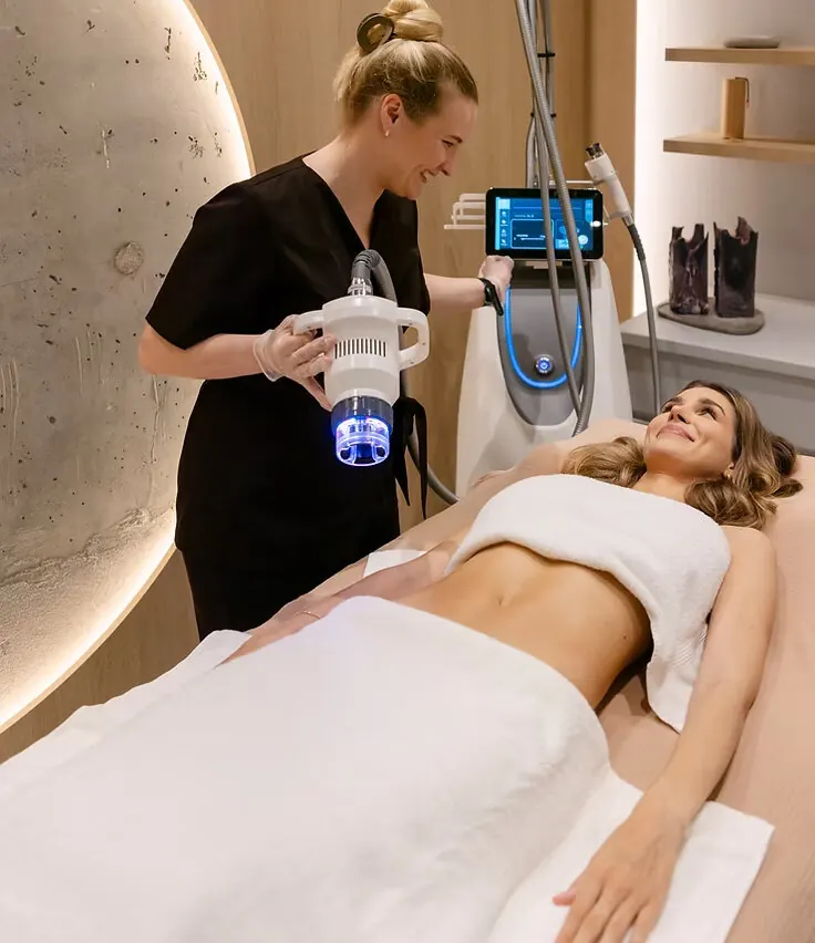 Ședință Jordi Shape PRO în salon — clientă relaxată, operator lucrând cu aplicatorul pe abdomen