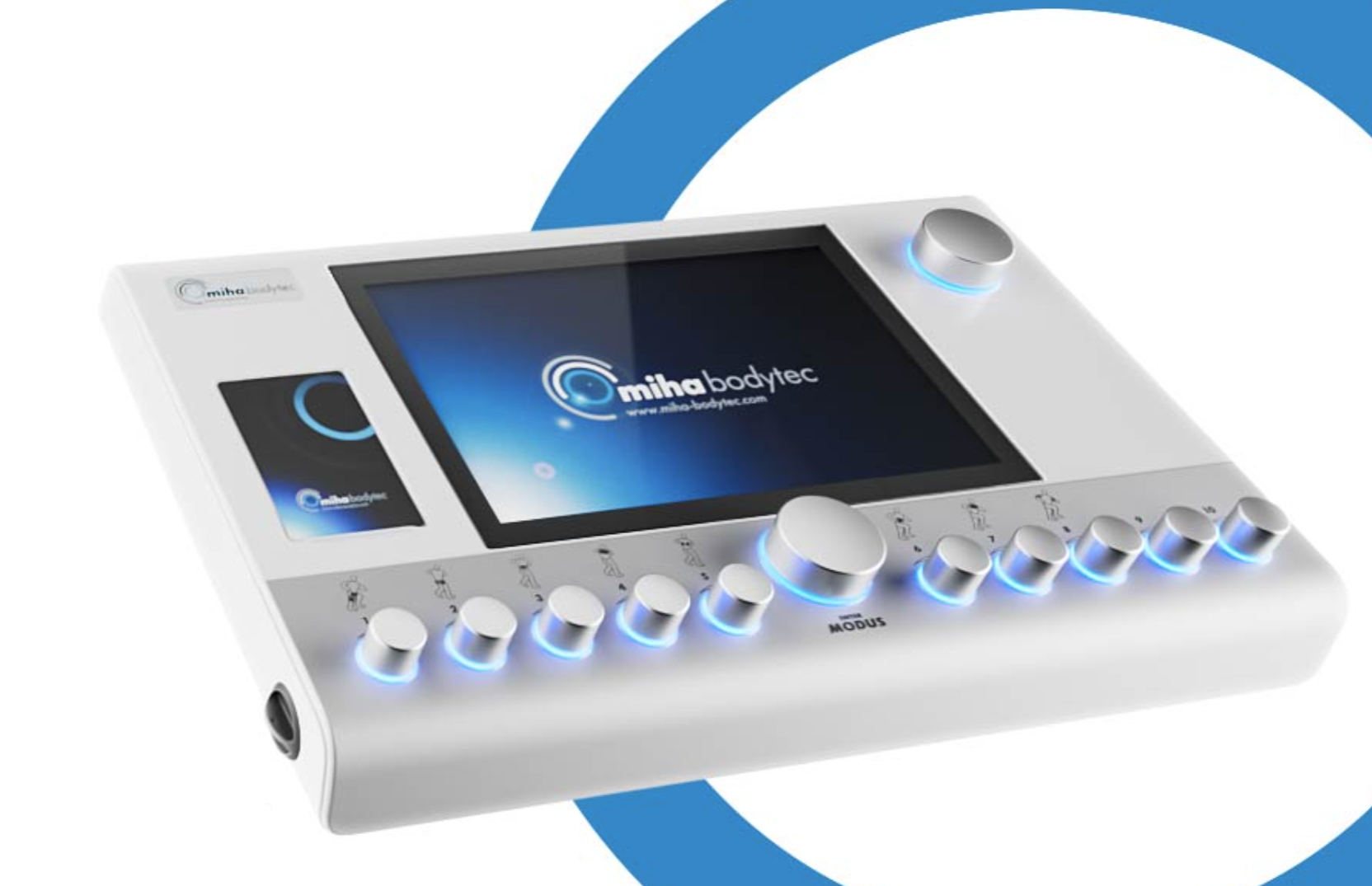 miha bodytec II - vedere apropiată unitate de control varianta albă